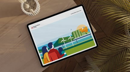 Sustainability Report 2023 front cover displayed on a tablet