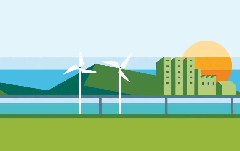 Illustration of two wind turbines in front of a city background with a train moving across the screen